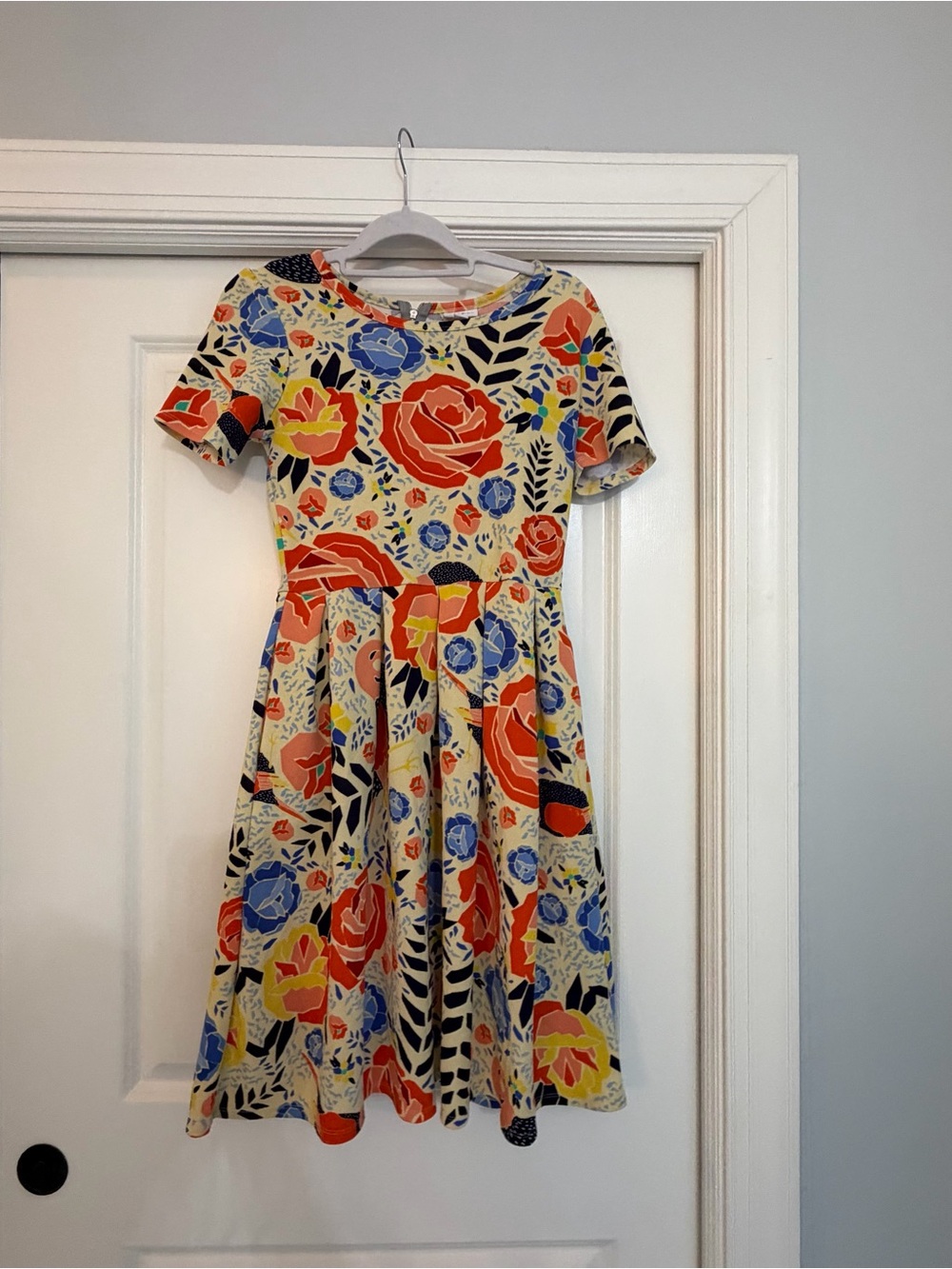 Floral Fit-and-Flare Dress in Cream with Red & Blue Flowers